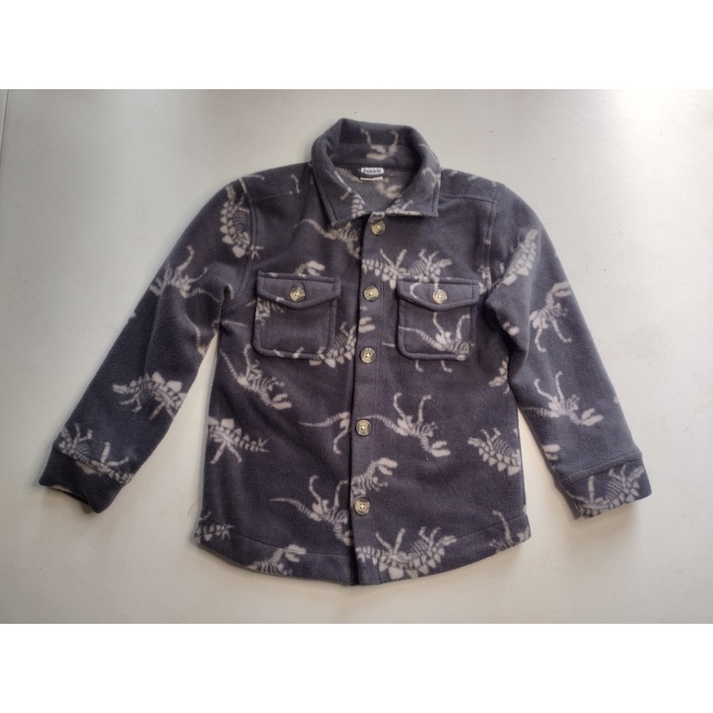 Pekkle Boys Grey Dinosaur Skeleton Fleece Shacket Button Down Shirt 4T